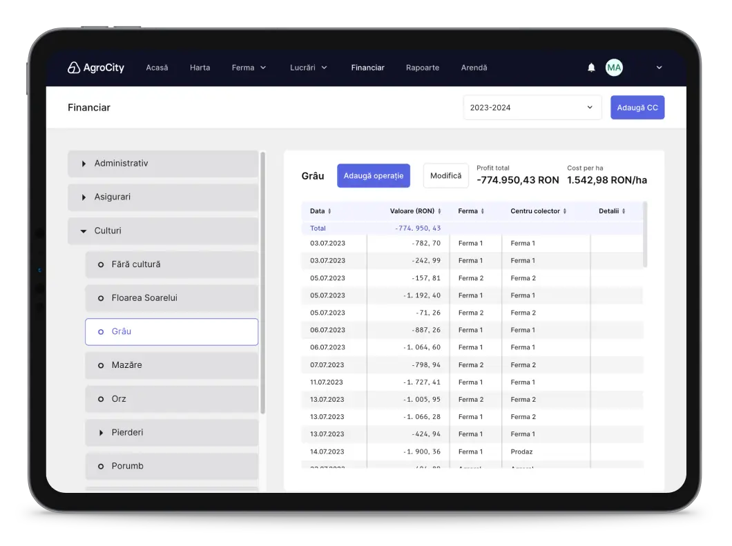 Monitorizare costuri agricole